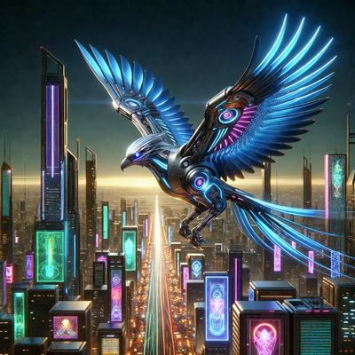 The primary subject of the image is a futuristic bird, possibly a robotic eagle, flying over a cityscape. The bird is surrounded by a vibrant and colorful city environment, with buildings and lights creating a lively atmosphere. The visual style of the image is digital art, as it appears to be a computer-generated or digitally illustrated scene. The colors and mood of the image are energetic and dynamic, with the bright lights and colors of the cityscape creating a sense of excitement and movement